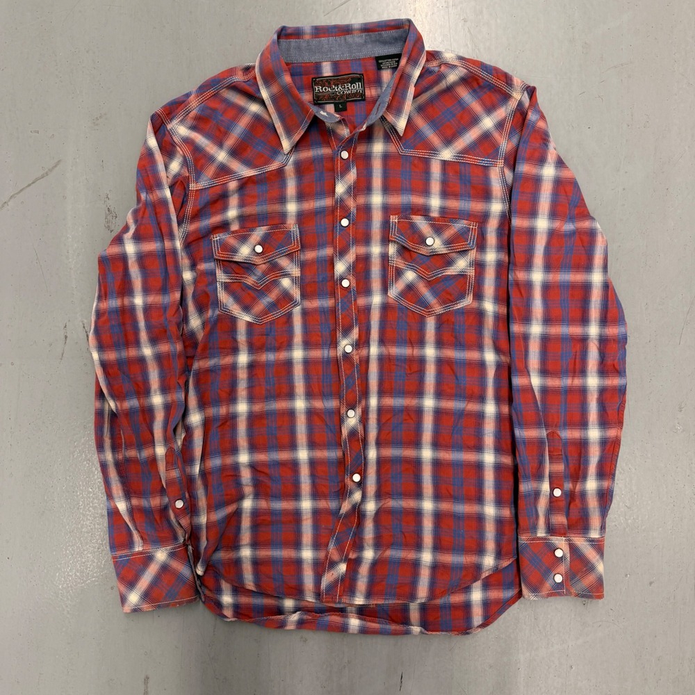 Rock‎ and Roll Cowboy Mens Red Blue Plaid Pearl Snap Western Shirt Large B2S2318